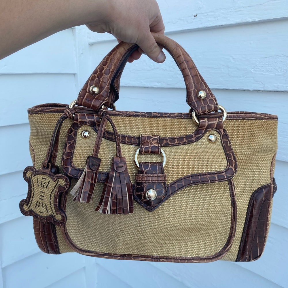 Celine Raffia Boogie Handbag Crocodile Embossed Leather Fringe Purse